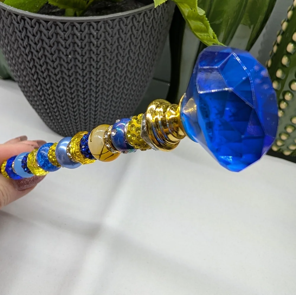 Blue & Gold Beaded Fairy Wand/Plant/Garden Stake